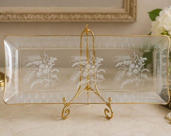 Vintage Clear Glass Serving Tray Set Gold Rim – Mid Century Floral Etched Rectangular Platters 29 cm