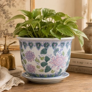 May include: A white ceramic planter with a blue and pink floral design, filled with green leafy plants. The planter sits on a matching saucer. A brass plant mister is visible in the background.