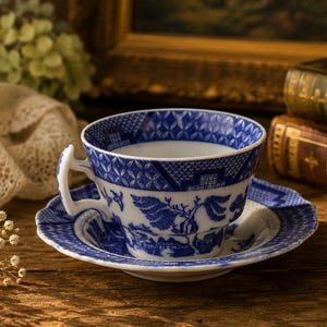 Vintage blauwwit porseleinen theekop en schotel Oosters landschapspatroon Chinese chinoiserie