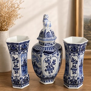 Ensemble de 3 vases Boch bleus de Delft, vases hexagonaux en céramique, Belgique