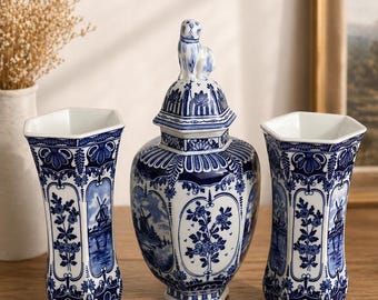 Vintage Boch Delft Blue Vase Set 3 Piece Ceramic Hexagon Vases Belgium