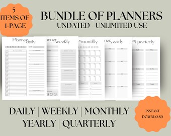May include: A bundle of five undated, one-page planners including daily, weekly, monthly, yearly, and quarterly layouts. The white sheets feature black text and grid lines. Text on the image reads: BUNDLE OF PLANNERS, 5 ITEMS OF 1-PAGE, UNDATED - UNLIMITED USE, DAILY, WEEKLY, MONTHLY, YEARLY, QUARTERLY, INSTANT DOWNLOAD.