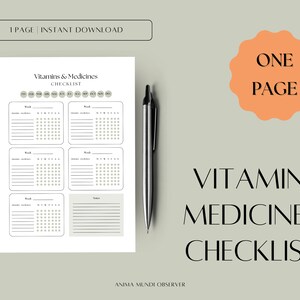 Könnte beinhalten: Eine druckbare Checkliste für Vitamine und Medikamente mit minimalistischem Design. Das Dokument enthält Abschnitte zur Verfolgung von Vitaminen und Medikamenten mit Platz für Wochenpläne und Notizen. Der Text "1 PAGE | INSTANT DOWNLOAD" steht oben.