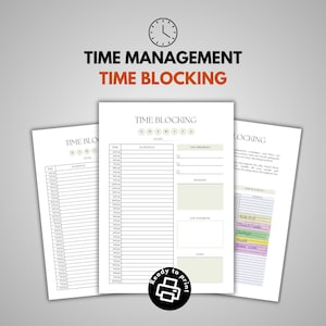 Puede incluir: Planificador de gestión del tiempo imprimible con un diseño en blanco y negro. El planificador incluye un horario diario, una sección para las principales prioridades y una sección de notas. El texto "TIME BLOCKING" está en la parte superior de la página.