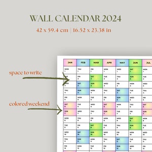 Wall Calendar 2024 Printable 2024 at Glance Weekends Marked Print in a ...