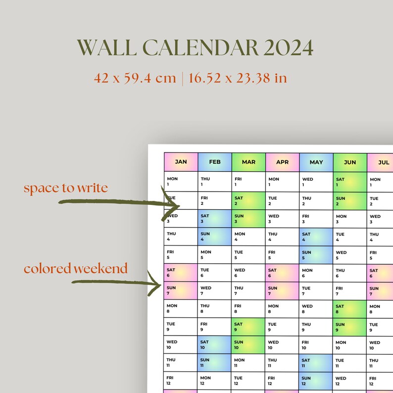 Wall Calendar 2024 Printable 2024 at Glance Weekends Etsy Ireland