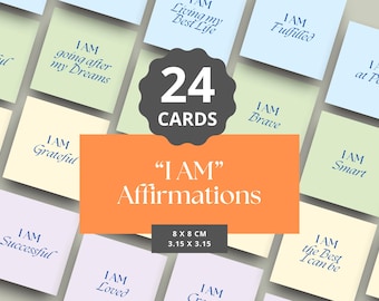 以下が含まれることがあります： 「I AM」という文字が書かれた大きなオレンジ色のカードに、24枚の肯定的なカードがセットになっています。カードは8 x 8 cm (3.15 x 3.15 インチ) で、「感謝しています」「愛されています」「できる限りの最善を尽くしています」など、肯定的なメッセージが書かれています。