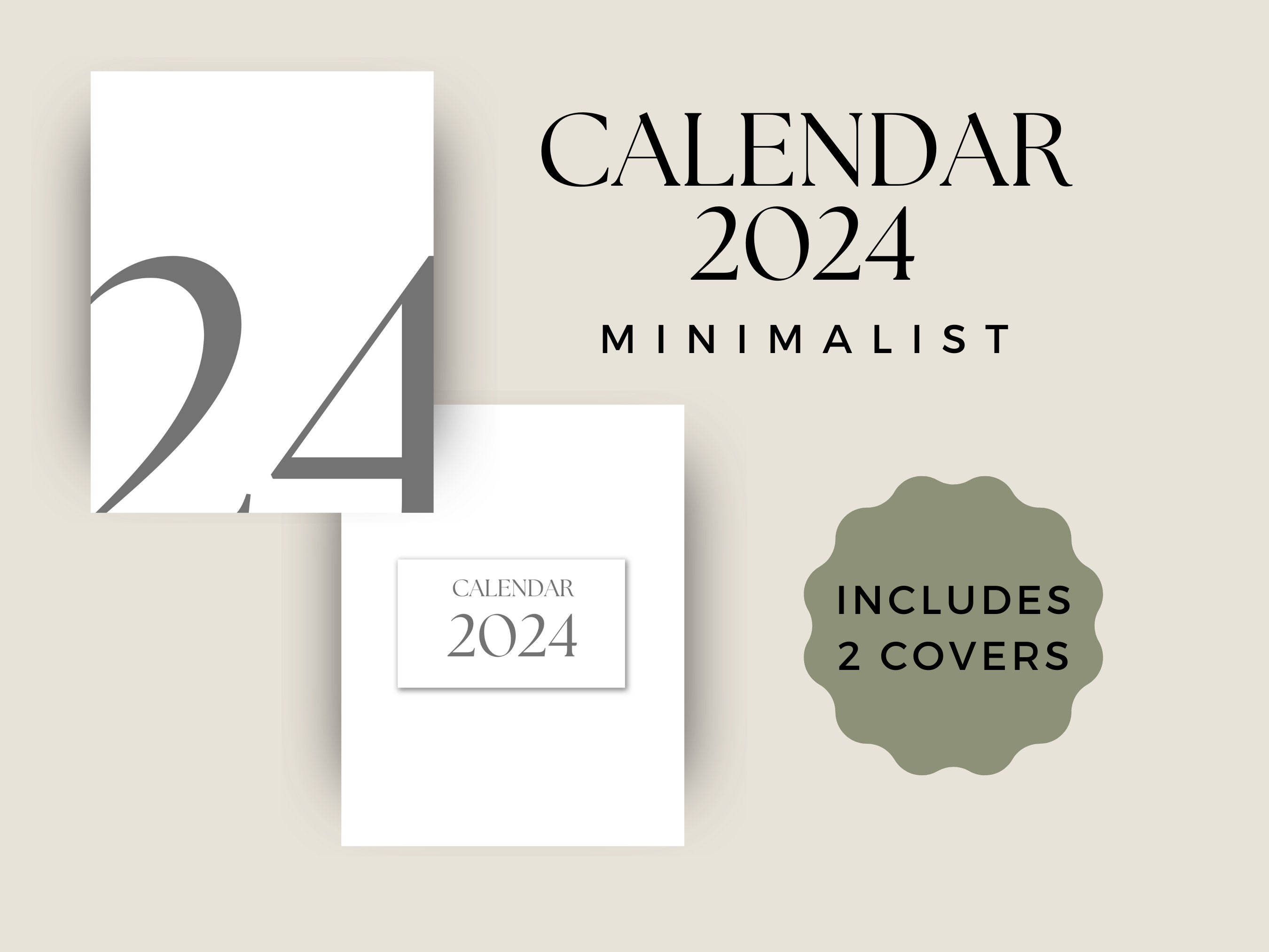 Monthly Calendar 2024, Minimalist Design, Digital Printable, 2 Covers