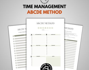 May include: Printable time management worksheet using the ABCDE method. The worksheet is divided into five sections: A - Very Important, B - Important, C - Nice to Do, D - Delegate, and E - Eliminate. Each section has a list of tasks to be completed.