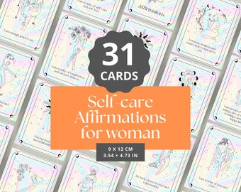 Könnte beinhalten: 31 Selbstpflege-Affirmationskarten für Frauen. Die Karten sind auf irisierendem Papier mit holografischem Effekt gedruckt. Jede Karte zeigt eine Strichzeichnung einer Frau und eine Affirmation. Die Karten sind 9 x 12 cm (3,54 x 4,73 Zoll) groß.