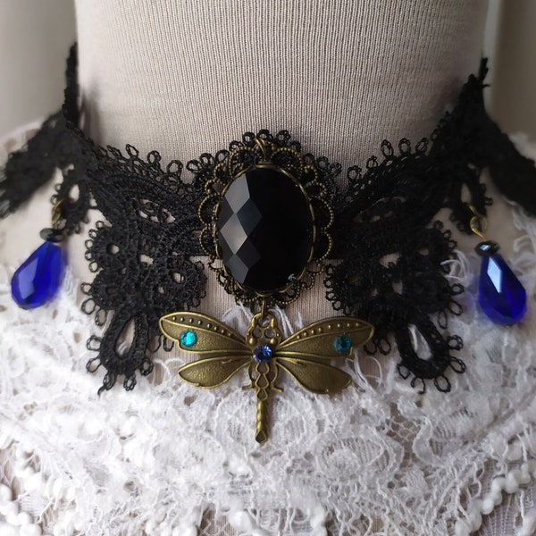 Ras de cou choker en dentelle Steampunk gothique cabochon noir et papillons