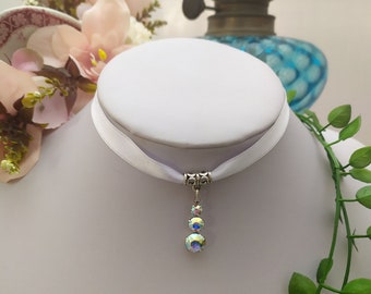 Wedding choker white satin ribbon pendant in real Swarovski crystal