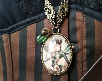 Steampunk women's necklace, long necklace with glass cabochon and charms