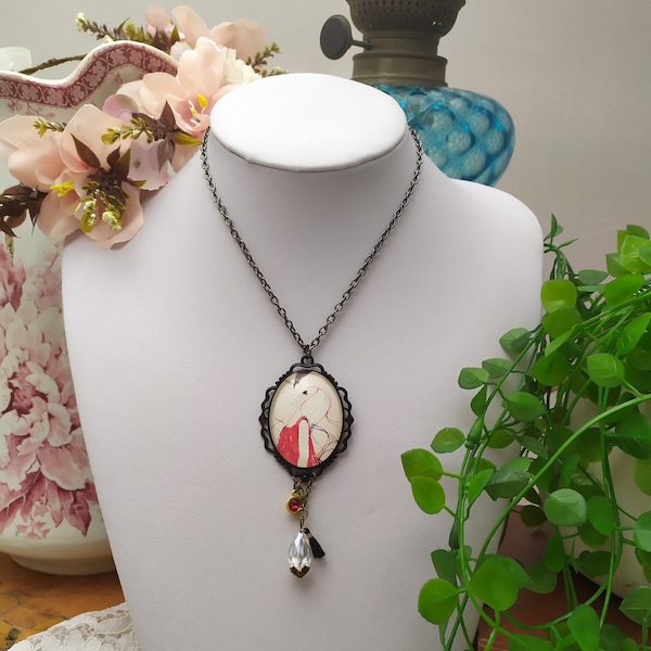 Collier femme sautoir pendentif cabochon en verre vintage baroque style mucha