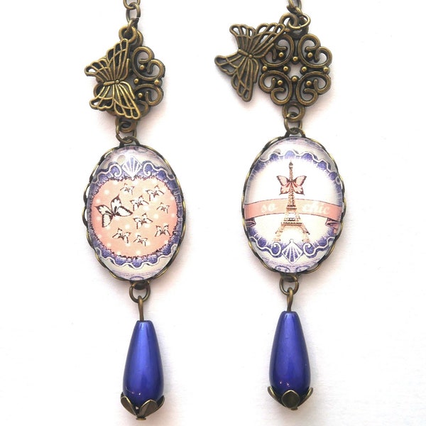 Boucles d'oreilles pendantes asymétrique cabochon en verre Paris tour Eiffel vintage bohême