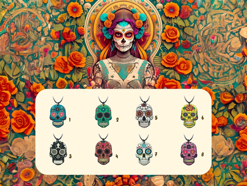 Collier pendentif Calavera dia de los muertos gothique porte bonheur tête de mort Halloween image 1