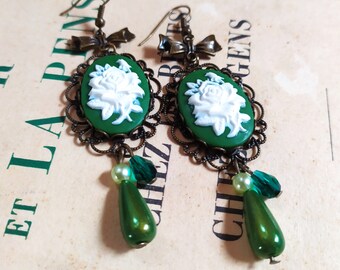 Vintage Victorian Bohemian Cameo Pink Dangle Earrings