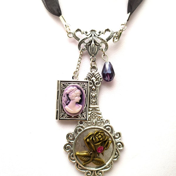 Collier femme sautoir vintage médaillon camée locket bohême porte photo