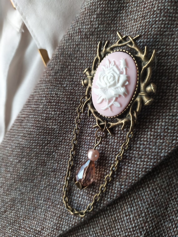 Broche Pendentif Vintage Camée Avec Rose - Doré - Matière Résine - Neuf