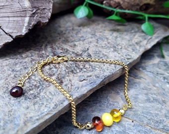 Zartes Edelstahlarmband mit minimalistischen Bernsteinperlen, schickes Bohemian-Armband. echter baltischer Bernsteinstein