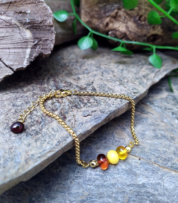 Delicate Stainless Steel Bracelet Minimalist Amber Beads, Bohemian