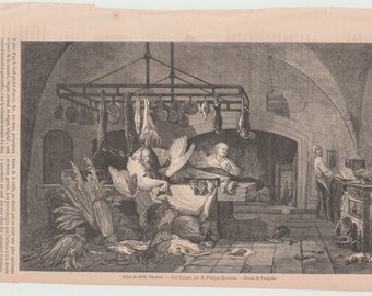 Original antique print (19th century): A Kitchen, by M. Philippe Rousseau