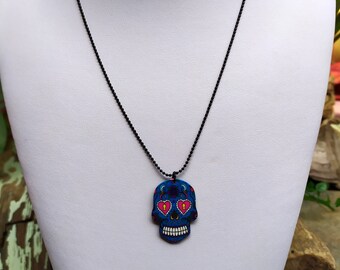 Collana Calavera Blu Dia De Los Muertos - Ciondolo In Resina 3,3 Cm, Catena Regolabile 45+5 Cm - 2