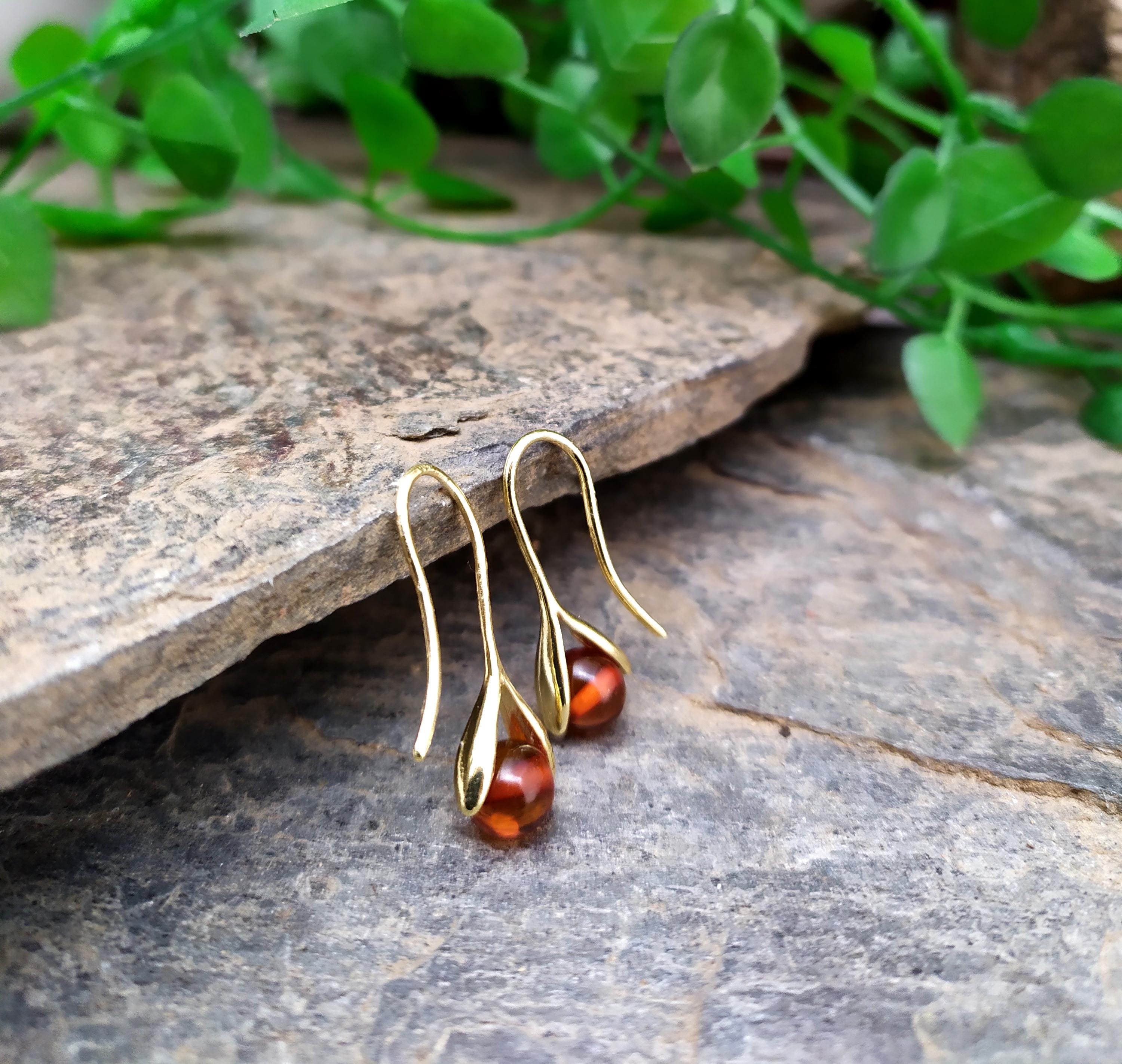 Boucles D'oreilles Pendantes Artisanales Avec Perles D'ambre Véritable - Or Fin