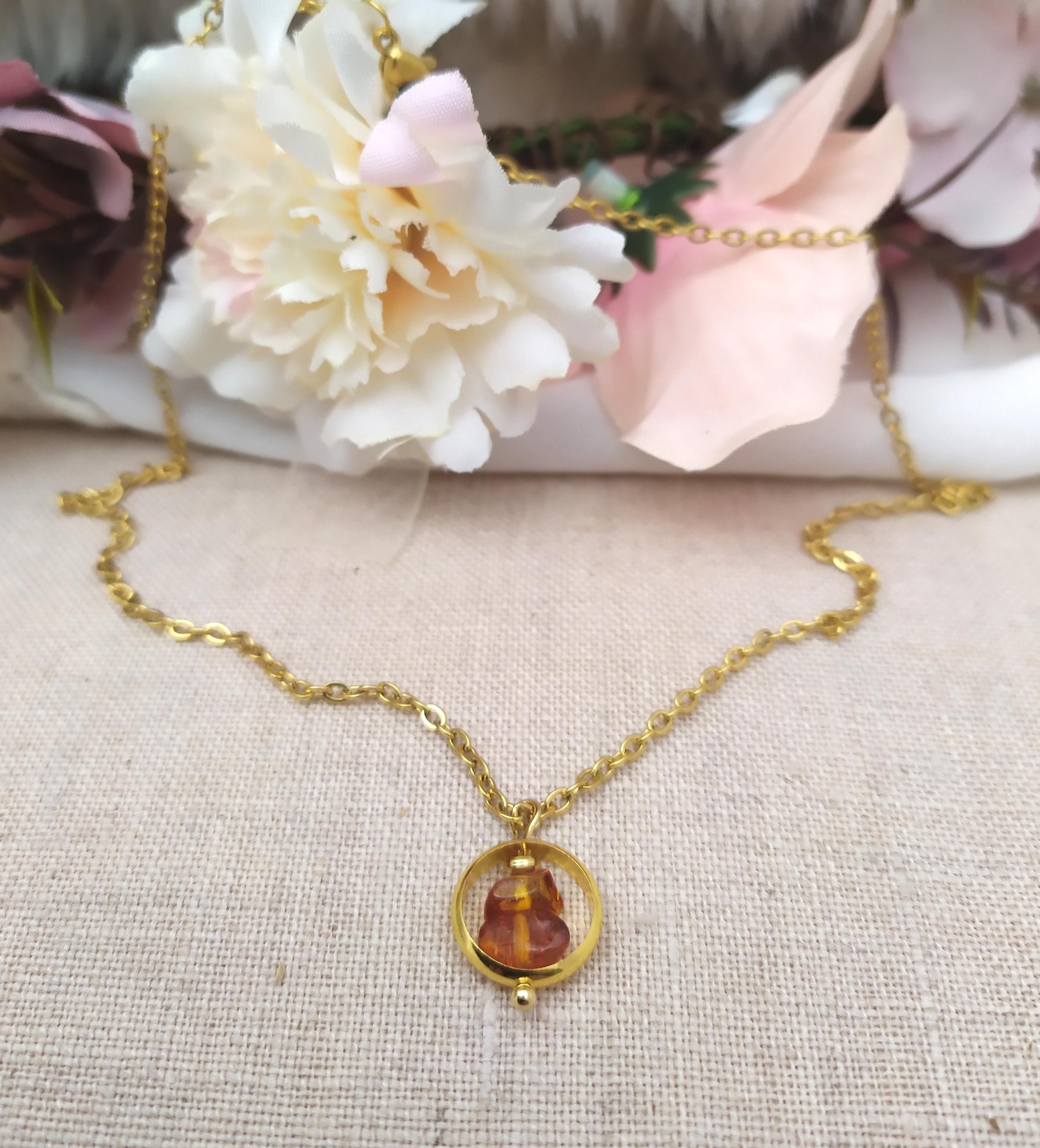 Pendentif AMBRE Jaune D'Œuf Perle Argent 925 Plaqué Or – Ancien Cadeau De Lituanie
