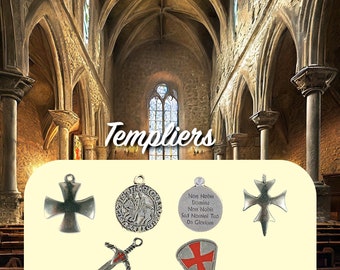 Collier pendentif templier L’épée, le sceau, Le heaume, Croix pattée, Croix pattée solaire...