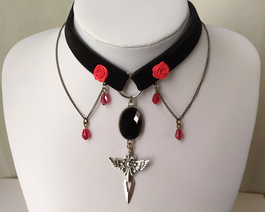 Gothic Vampire Choker Necklace in Black Velvet Ribbon With Red Rose - Etsy