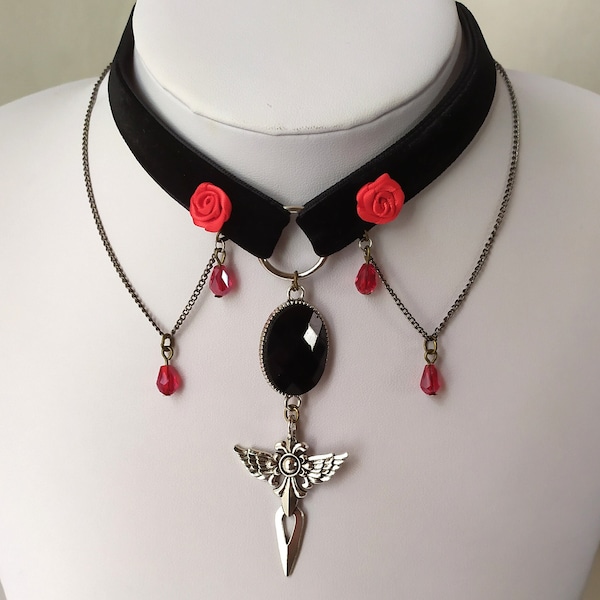 Choker ras de cou collier Vampire gothique ruban en velours noir avec rose rouge