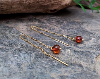 Minimalist threader earrings with genuine natural Baltic Amber beads
