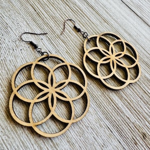 Flower of Life Light Wood Dangle Sacred Geometry Earrings