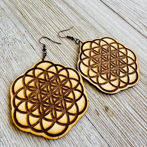 Flower of Life Engraved Wooden Dangle Sacred Geometry Earrings