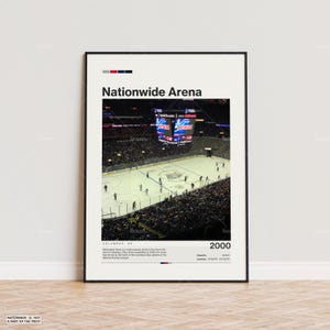 May include: A framed poster featuring the Nationwide Arena in Columbus, Ohio. The image shows a hockey game in progress, with players on the ice and spectators in the stands. The poster includes the arena's name, the year 2000, and a description.