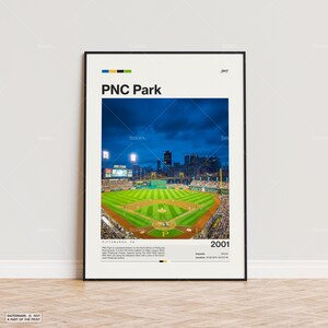 Pôster do PNC Park, impressão de pôster do Pittsburgh Pirates, pôster do estádio da MLB, pôster esportivo, moderno de meados do século, impressão de presente para fãs de beisebol