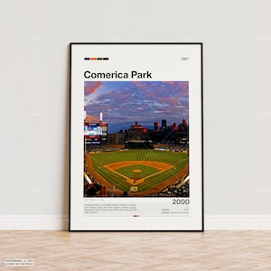 Pôster do Comerica Park, pôster impresso do Detroit Tigers, pôster do estádio da MLB, pôster esportivo, estilo moderno de meados do século, impressão para presente de fã de beisebol