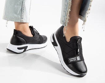 DAMEN-SPORTSCHUHE, schwarze Damen-Sportschuhe, schwarze Sneakers für Damen, handgefertigte Damenschuhe, Damen-Tagessneaker, vegane Lederschuhe