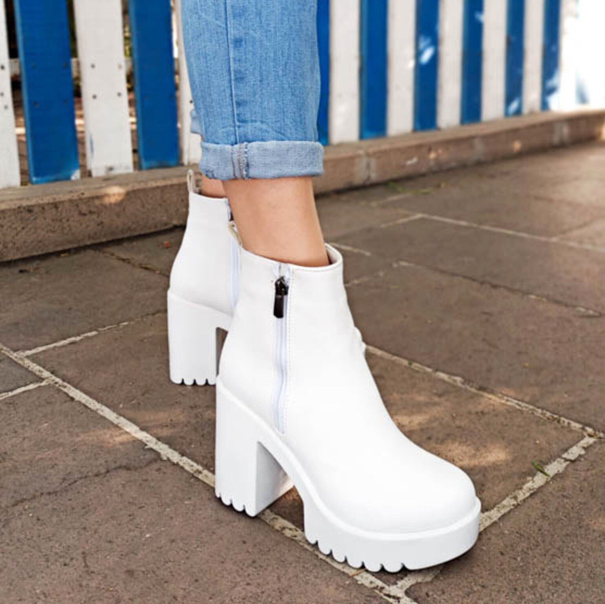 white heeled boots