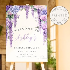 Personalisiertes Blumenlila Brautparty-Countdown-Zeichen, Lavendel-Brautdusche-Dekor, kundenspezifisches Blumenflieder-Brautdusche-Willkommensschild