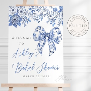 Dusty Blue Toile Coquette Bow Bridal Shower Welcome Sign, Elegant Vintage-Inspired Wedding Shower Sign, Blue French Bow Toile Welcome Sign