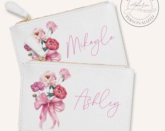 Mini Make-up Tasche, personalisierte Kokette rosa Blumenschleife, niedliche kleine Geldbörse, kundengerechtes Girly Make-up-Taschengeschenk, stilvolle Brautjungfer-Make-uptasche