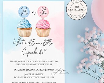 Faire-part révéler le sexe d'un petit gâteau, lui ou elle, quelle sera la personnalisation de notre petit cupcake, invitation douce bleu et rose