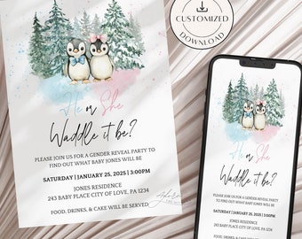 Faites-vous dandiner en faisant des invitations personnalisées pour révéler le sexe d'un bébé pingouin, invitation personnalisée pour le sexe hivernal Evite, inviter pour le sexe hivernal pingouin