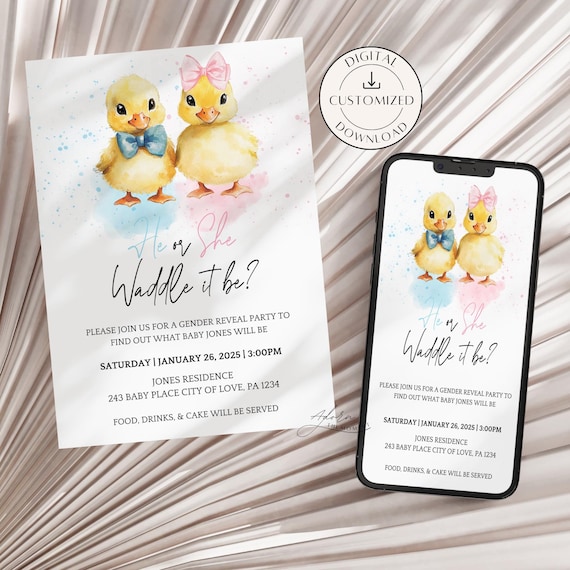 Waddle It Be Baby Duck Custom Gender Reveal Invitation, Personalized Evite Summer Gender Reveal, Baby Duck Spring Gender Reveal Invite