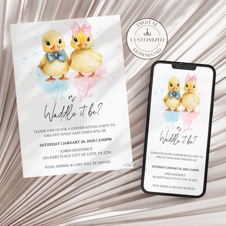Adorable duck-themed gender reveal invitation with a spring/summer vibe. Features two ducks: one with a blue bow tie and the other with a pink hair bow, surrounded by soft blue and pink accents. Perfect for a 'He or She, Waddle It Be?' reveal party.