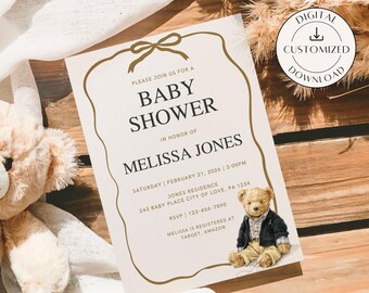 Invitación personalizada para baby shower en color neutro, con lazo de osito marrón y tostado, inspirada en el clásico polo.
