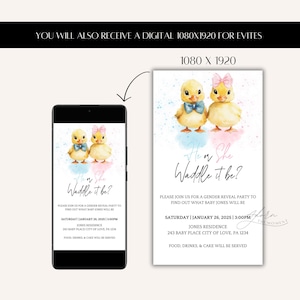 Peut inclure: Une invitation de r&eacute;v&eacute;lation du sexe avec deux canetons &agrave; l'aquarelle, l'un avec un n&oelig;ud papillon bleu et l'autre avec un n&oelig;ud rose. Le texte dit "He or She Waddle it be ?" avec les d&eacute;tails de l'&eacute;v&eacute;nement.