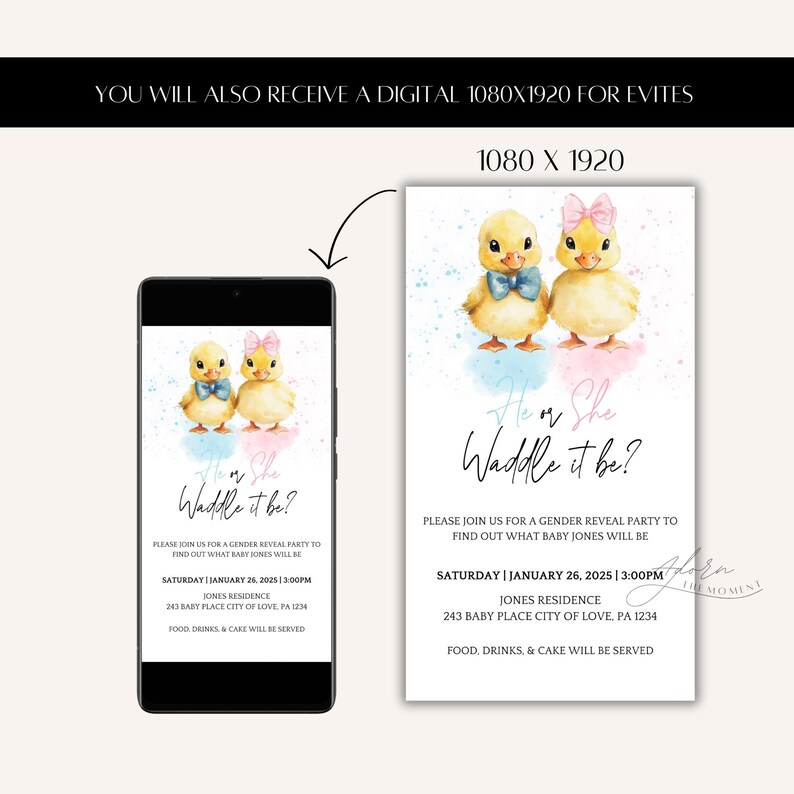 Peut inclure: Une invitation de r&eacute;v&eacute;lation du sexe avec deux canetons &agrave; l'aquarelle, l'un avec un n&oelig;ud papillon bleu et l'autre avec un n&oelig;ud rose. Le texte dit "He or She Waddle it be ?" avec les d&eacute;tails de l'&eacute;v&eacute;nement.